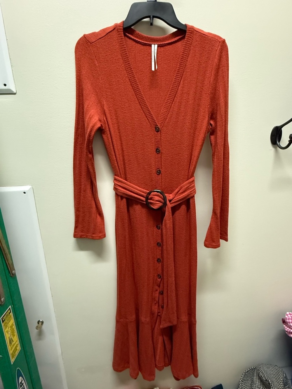 Anthropologie Rust Orange Long-Sleeve Button-Front Knit Dress with Belt
